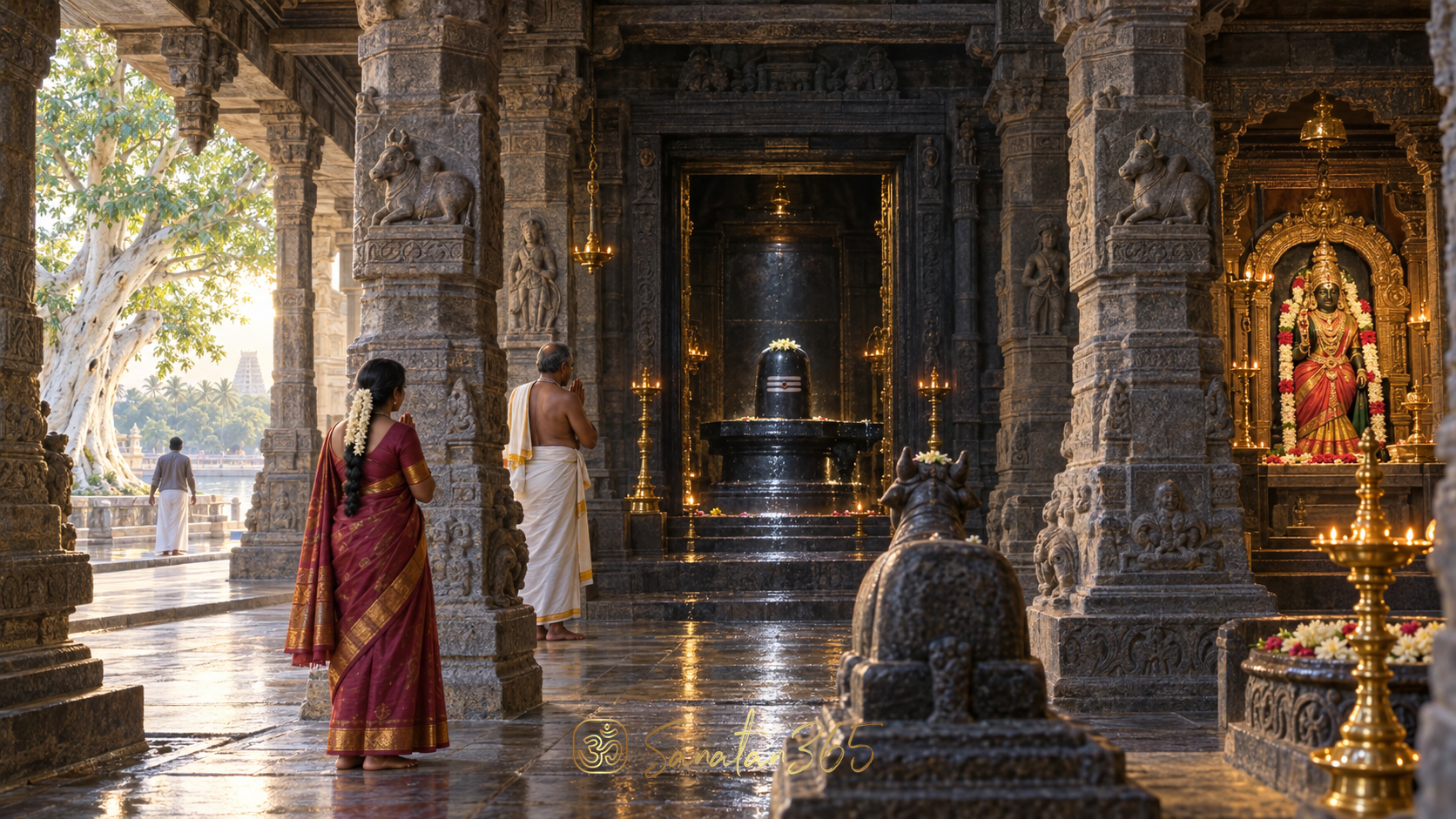 Stone corridor and water-associated Shiva sanctum at Jambukeswarar Temple, Thiruvanaikaval