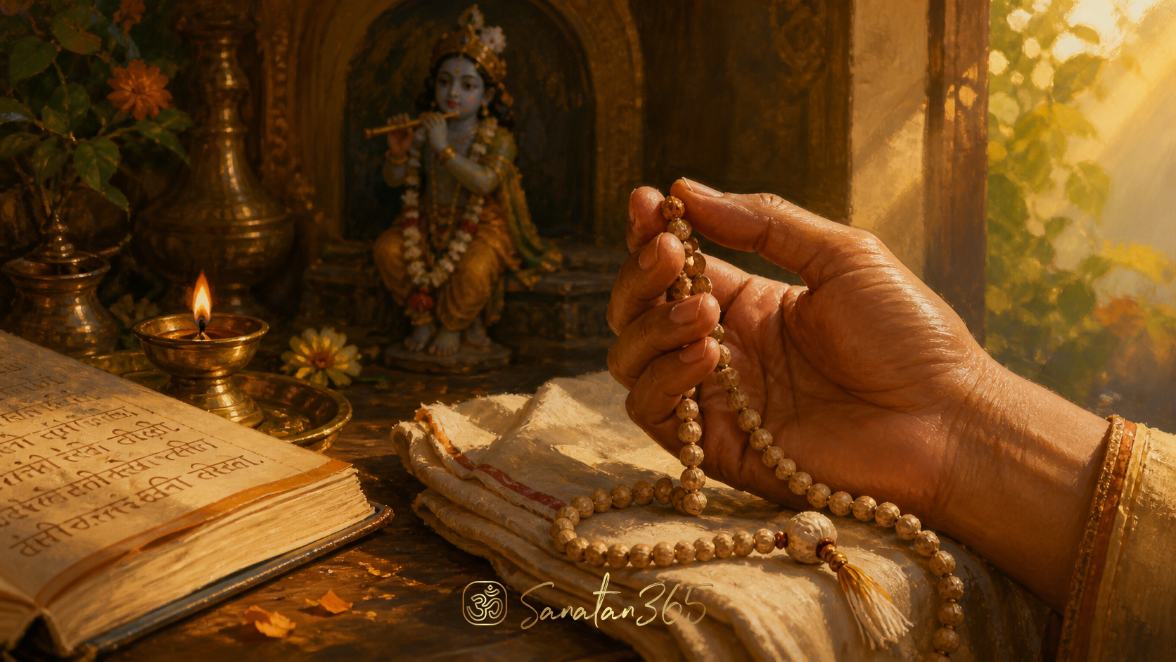 A devotee holding a traditional japa mala beside a diya and Krishna murti at dawn