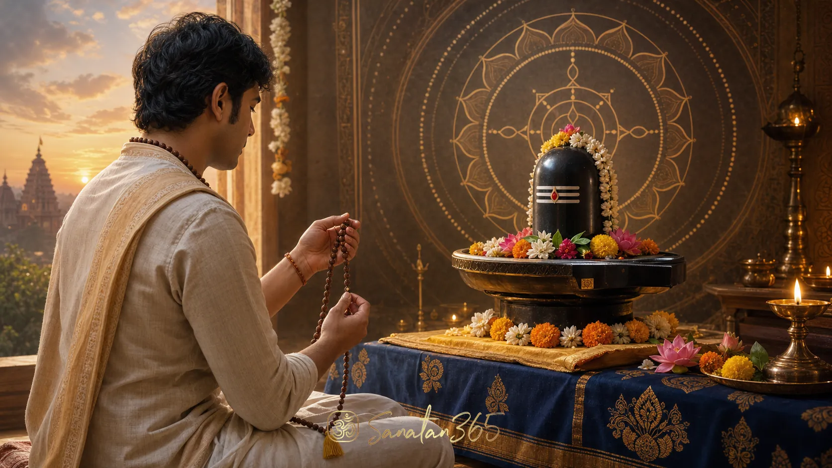 A devotee seated before a Shiva linga altar using a japa mala for mantra meditation