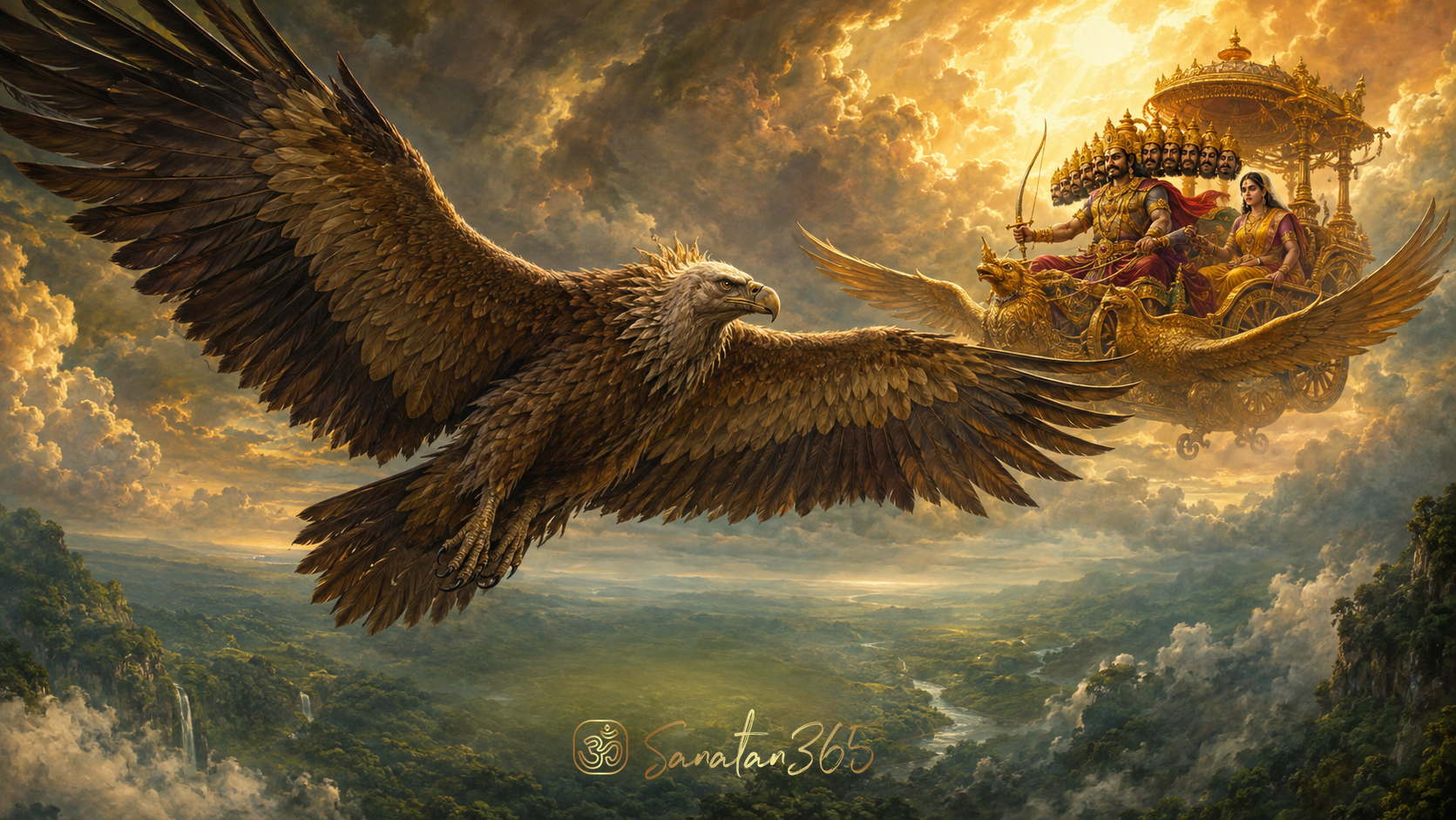Painterly Jatayu spreading his wings to protect Sita from Ravana above a forest