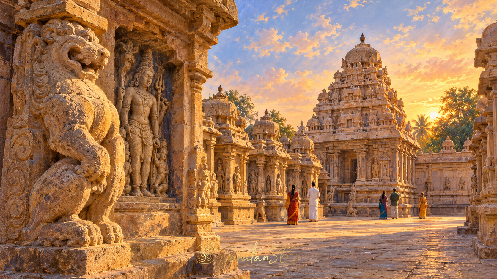 Painterly interpretation of Kailasanathar Temple in Kanchipuram, with sandstone shrines, Shiva sculpture and its sanctum tower.