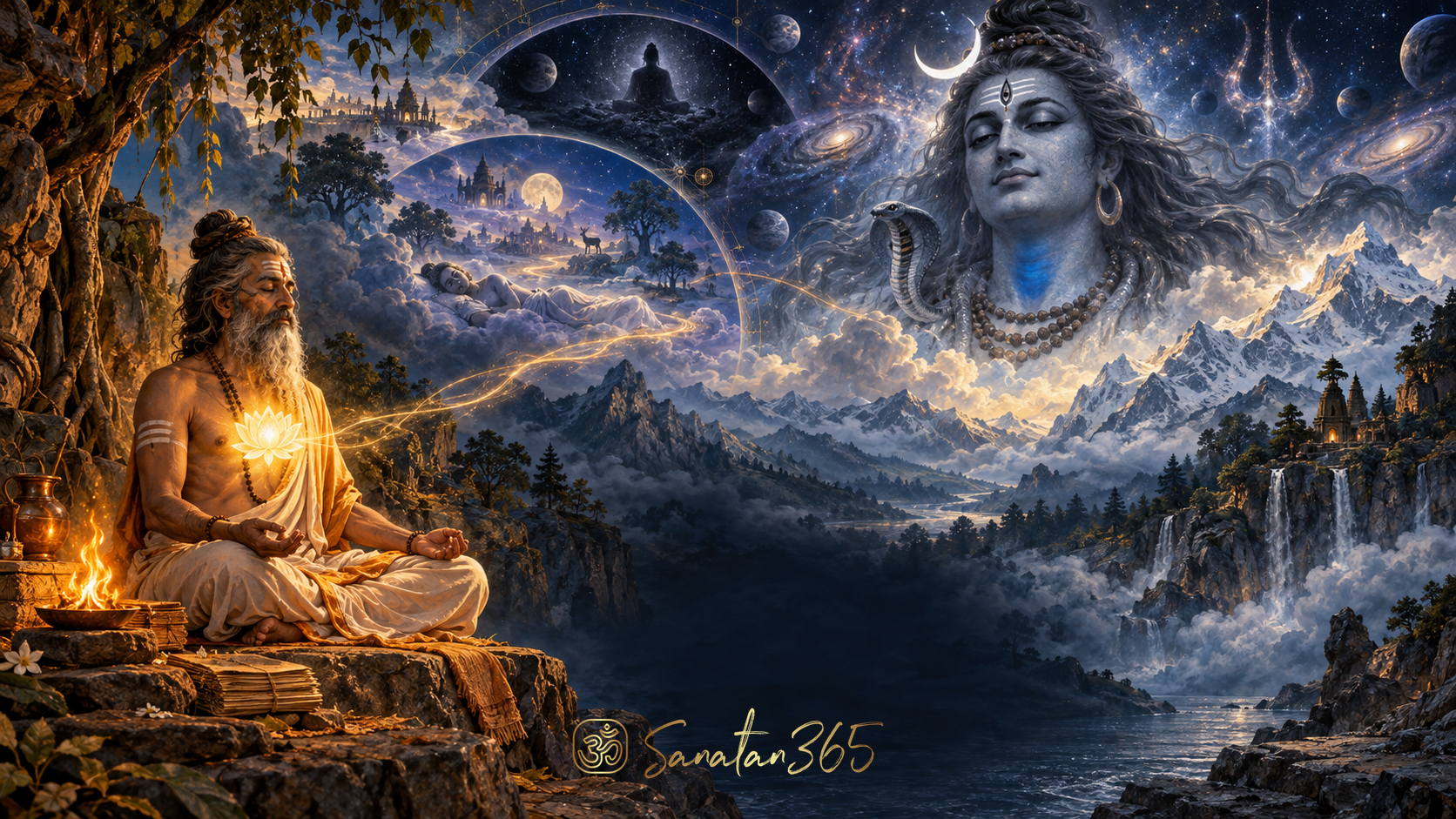Painterly sacred scene of a seeker meditating on Shiva and the luminous Self in the Kaivalya Upanishad