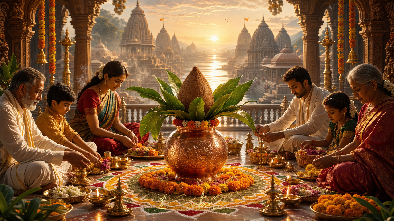 A copper Purna Kalasha with mango leaves and coconut glowing on a flower-decorated Hindu puja altar