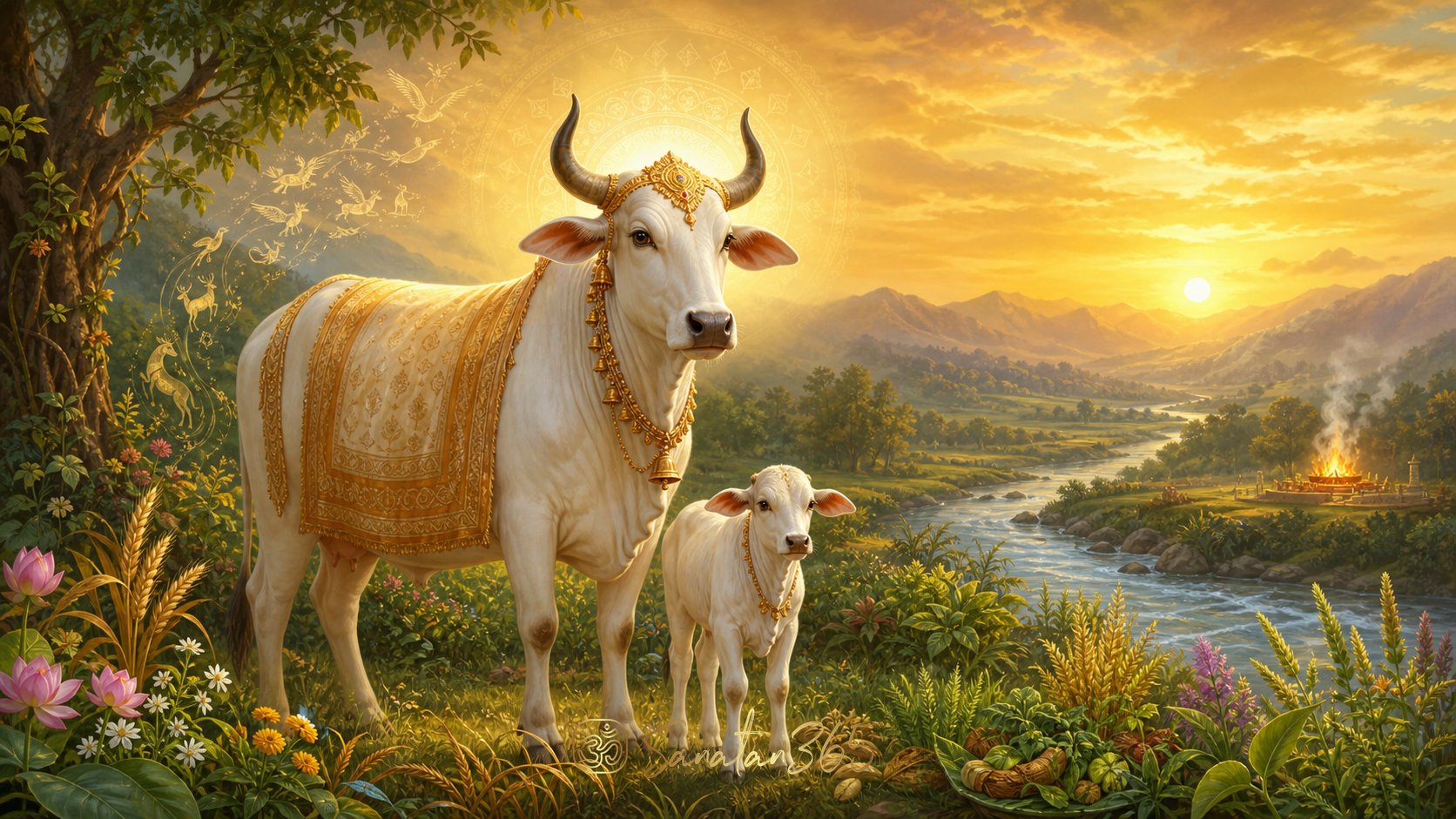 Painterly Kamadhenu, the radiant white divine cow, with her calf amid a fertile sacred landscape at sunrise