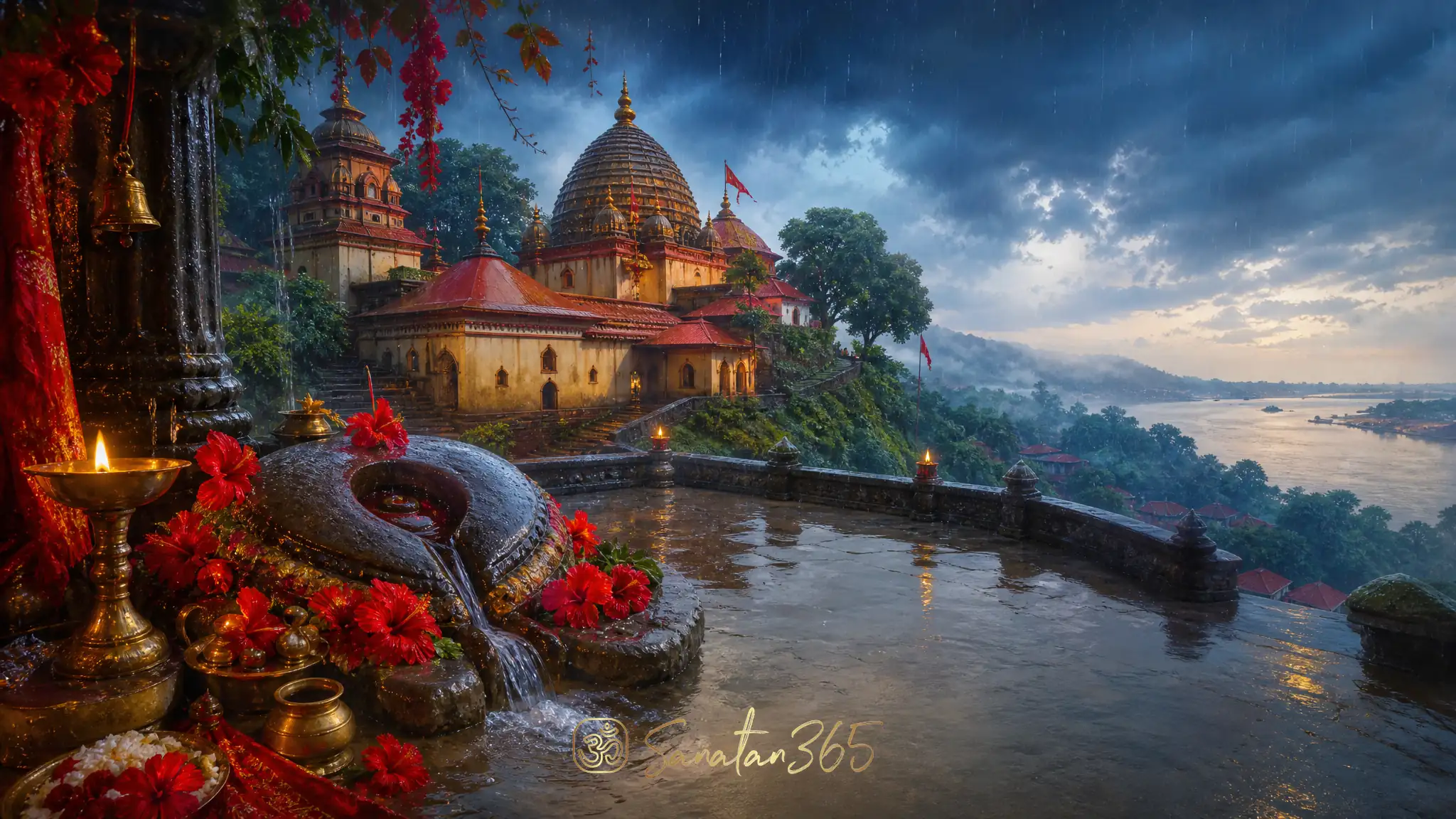Kamakhya Temple on Nilachal Hill with red hibiscus, lamps, monsoon mist, and a symbolic sacred spring.