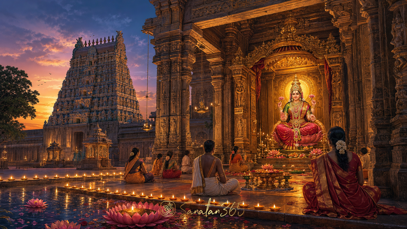 Painterly view of Kamakshi Amman Temple in Kanchipuram with the serene seated Goddess at its luminous spiritual center