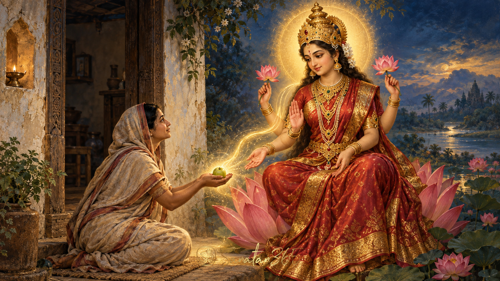 Painterly image of a humble amla offering beneath a luminous depiction of Goddess Lakshmi's compassionate grace