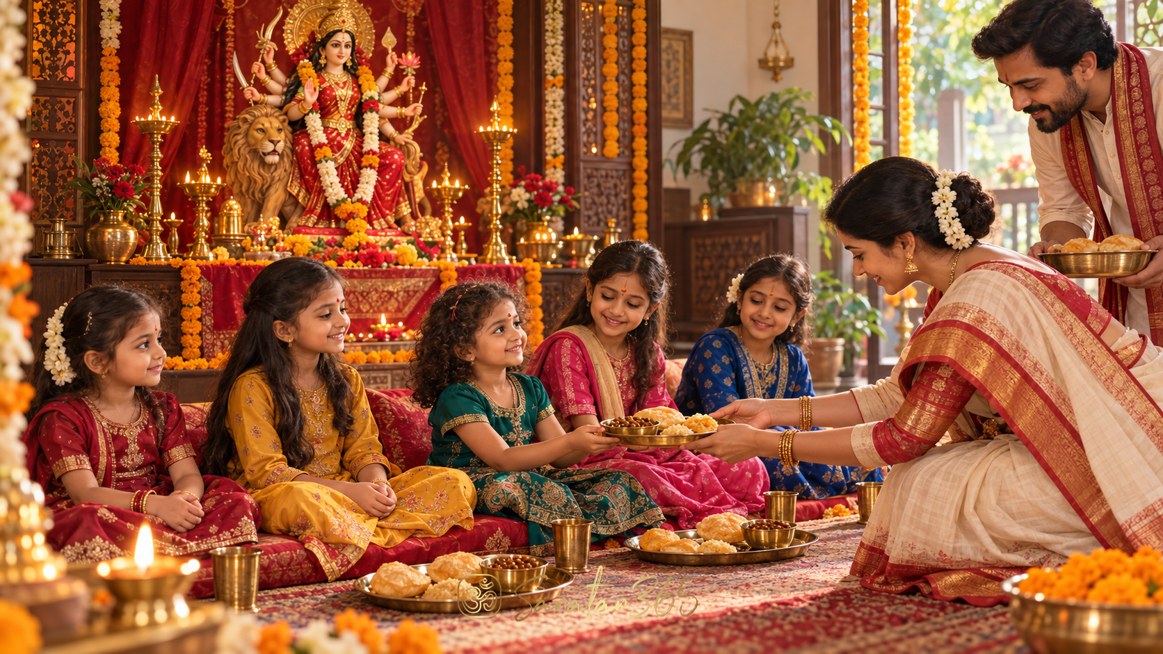 Young girls welcomed respectfully for Kanya Puja before a Durga shrine during Navratri