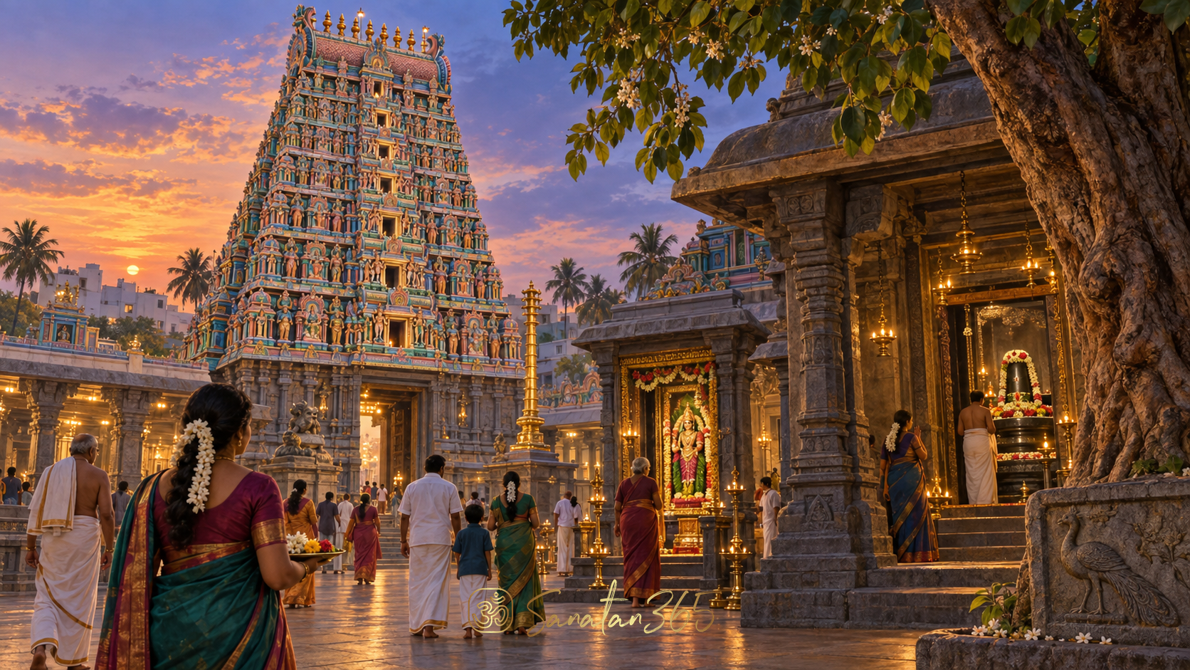 Kapaleeshwarar Temple in Mylapore, Chennai, with its sculpted gopuram, evening lamps and a peacock motif recalling Karpagambal's legend