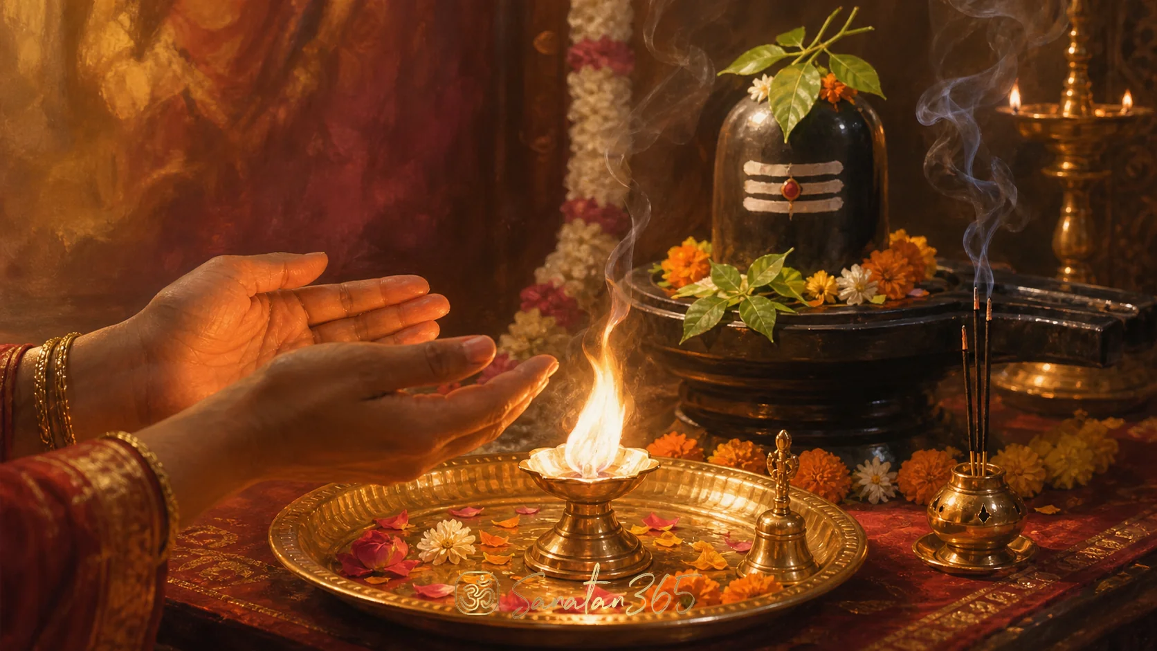 A brass Kapoor Aarti plate with a camphor flame offered before a Shiva linga in a Hindu home puja setting