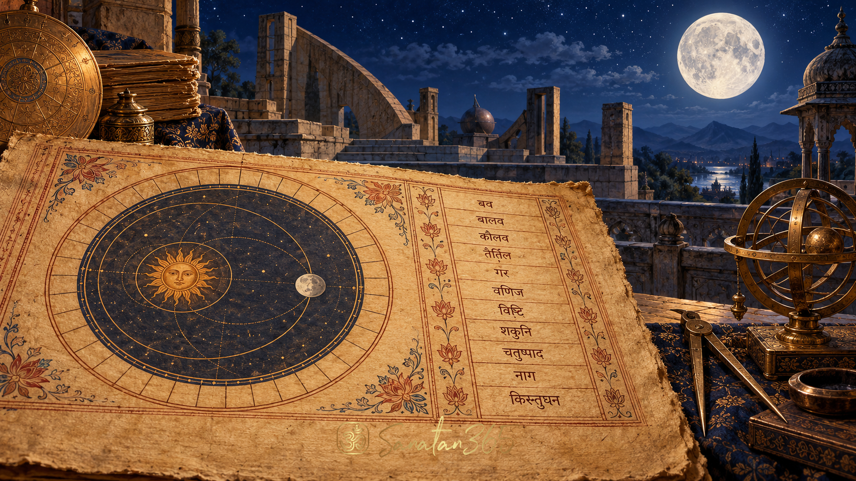 Painterly Indian lunar-calendar manuscript and Sun–Moon diagram illustrating measured half-tithi intervals against an indigo sky.