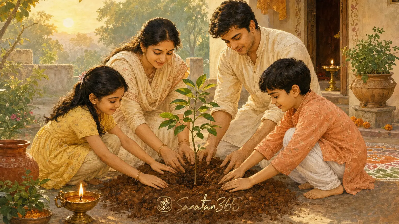 Family planting a sapling together as a gentle visual lesson on karma for children