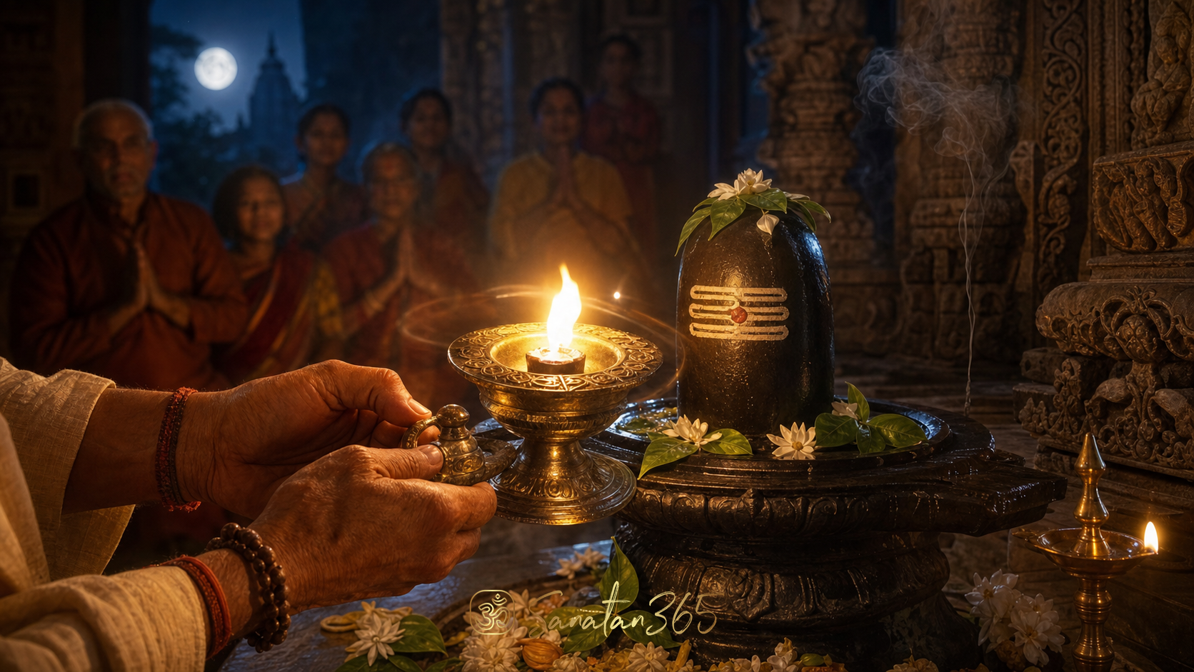 A family offers a bright camphor aarti flame before a flower-adorned Shiva linga