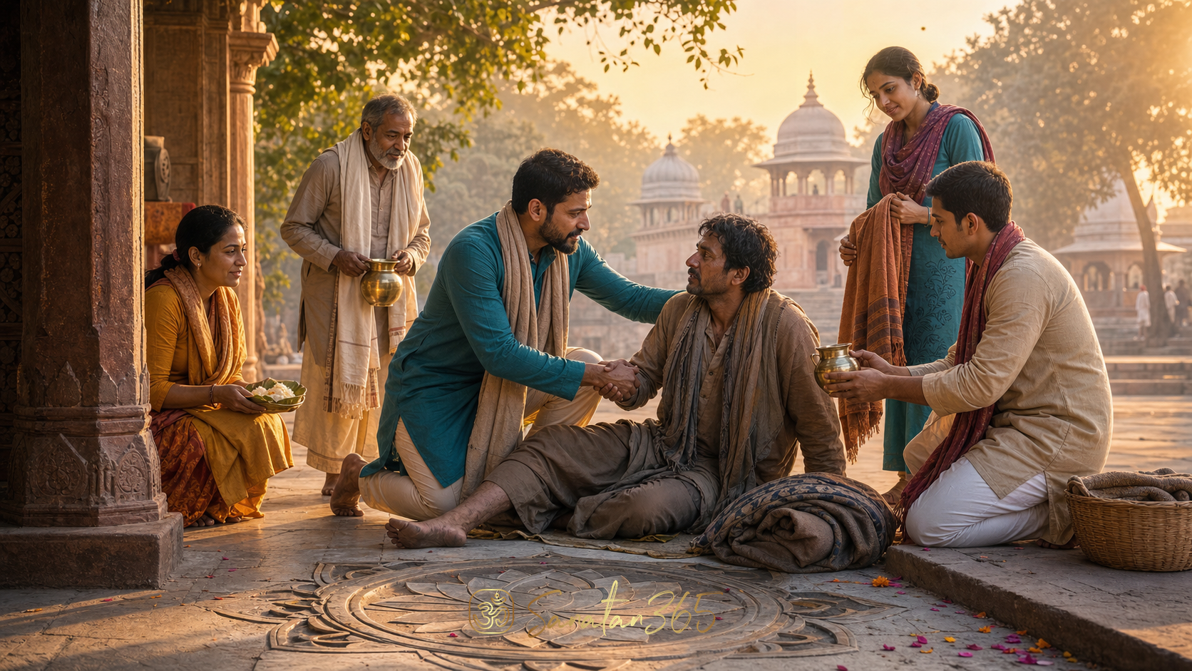 A compassionate community offering water, food, and support to a weary traveller