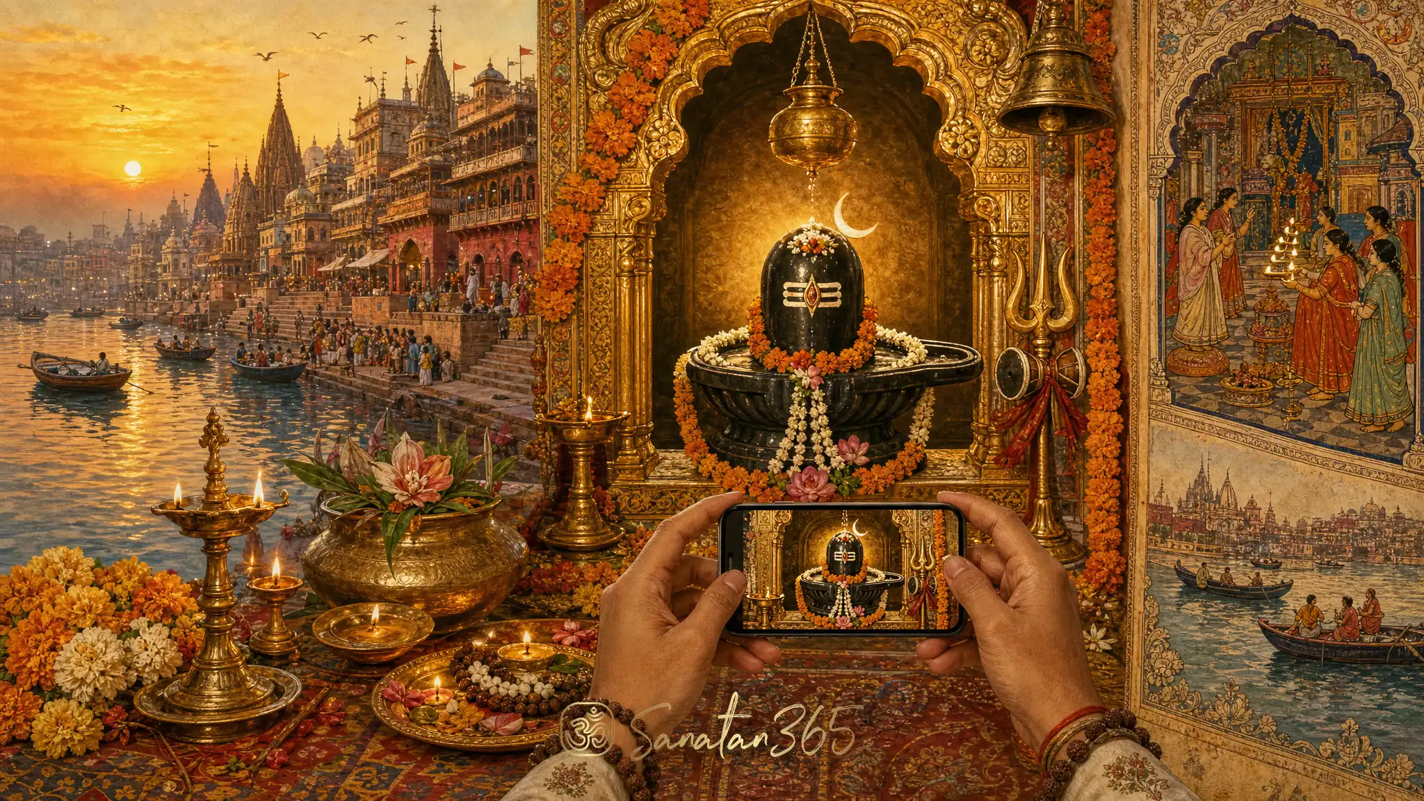 Kashi Vishwanath live darshan scene with Varanasi ghats, Ganga lamps, temple bells, and a Shiva linga viewed reverently from home