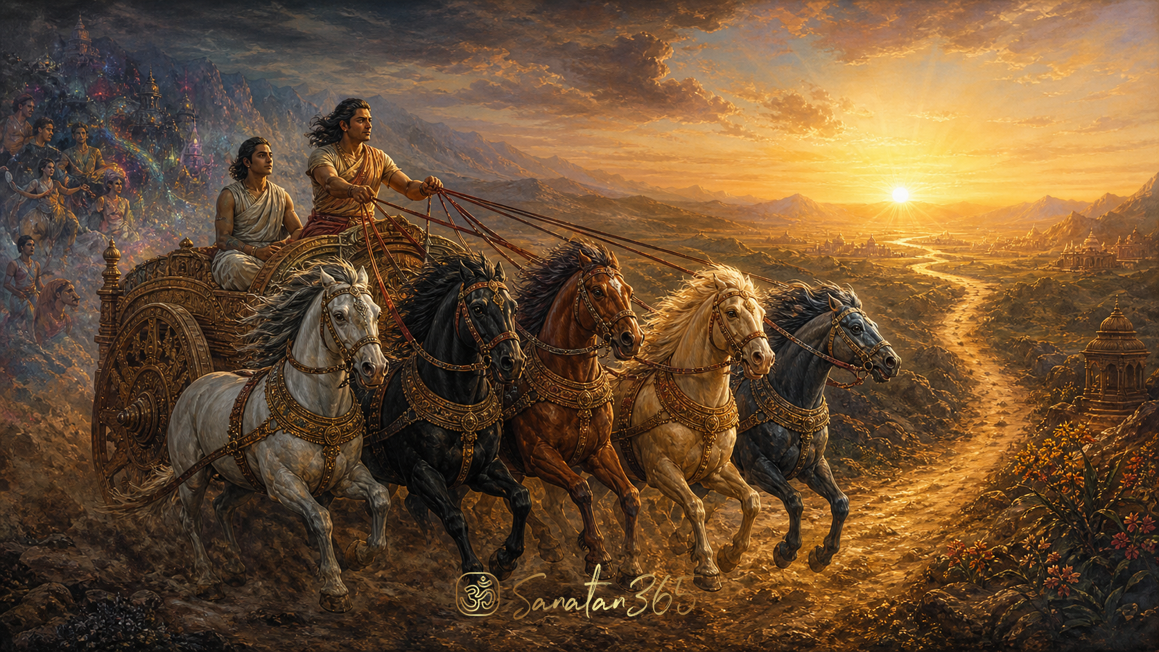 Painterly Indian chariot with five horses, reins, charioteer, and serene rider symbolizing the Katha Upanishad teaching