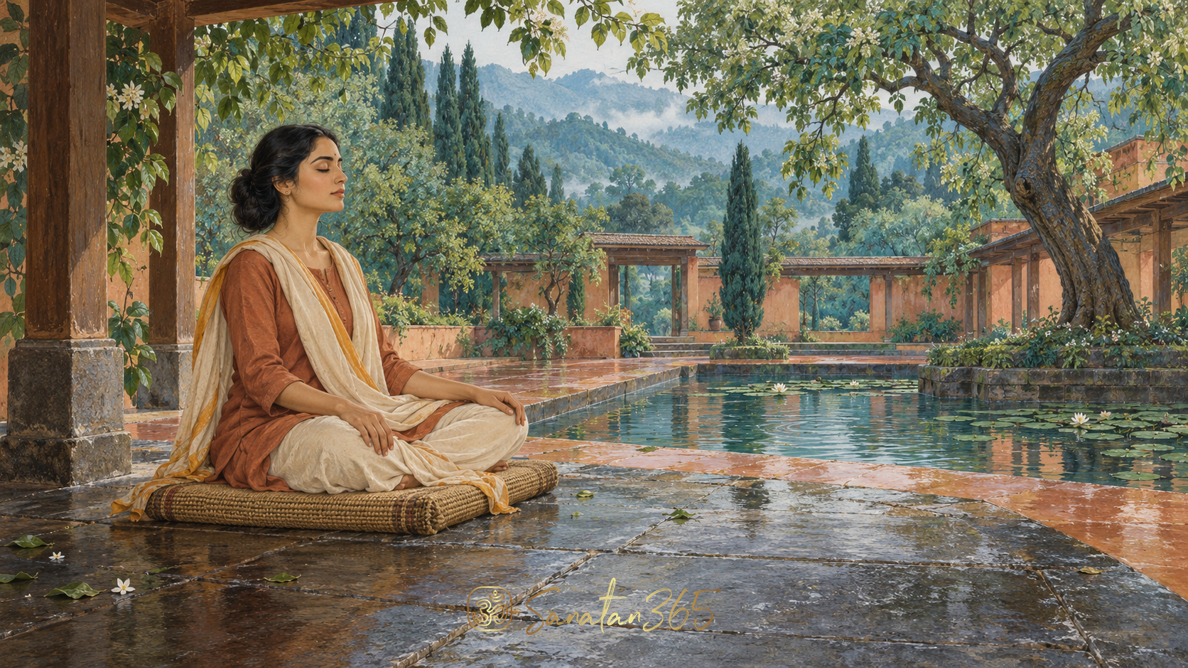 Painterly illustration of a relaxed seated practitioner in a quiet pavilion beside a tree and reflective courtyard pool.