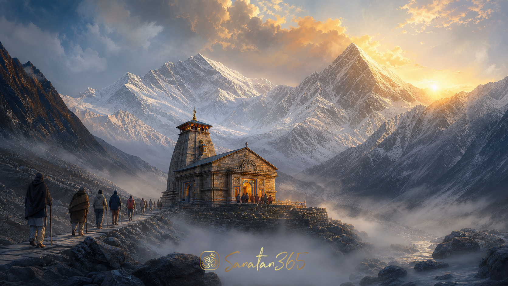 Kedarnath Temple beneath snow-covered Himalayan peaks at dawn with pilgrims approaching