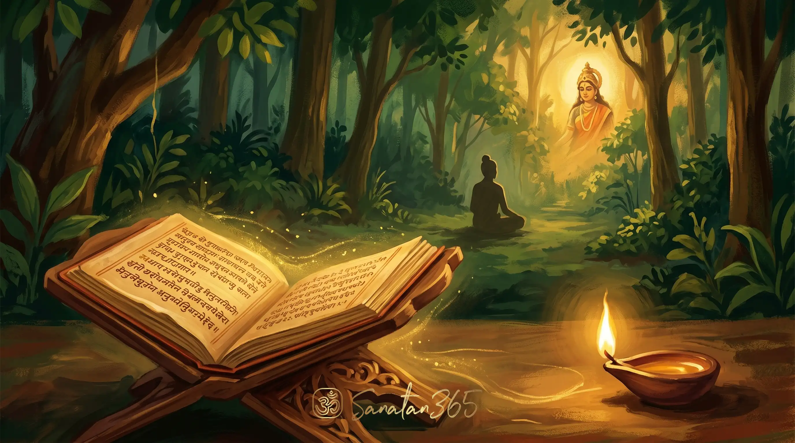 Palm-leaf manuscript and forest ashram scene symbolizing the Kena Upanishad teaching on Brahman beyond mind and speech