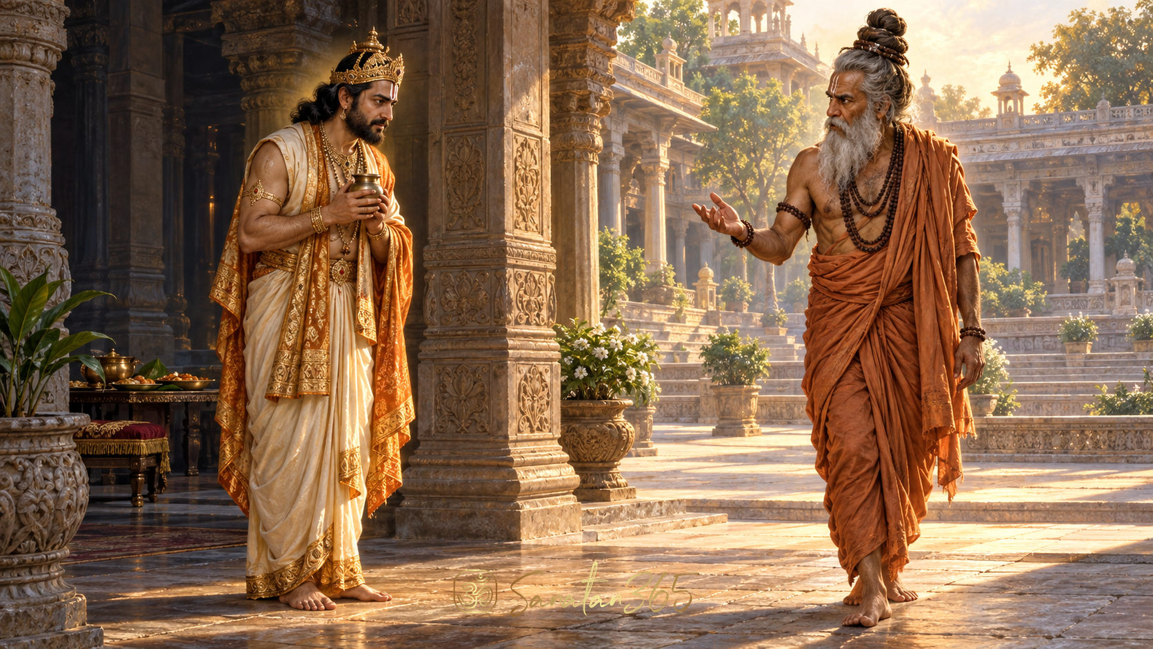 King Ambarisha receives sage Durvasa in a luminous royal courtyard after an Ekadashi fast