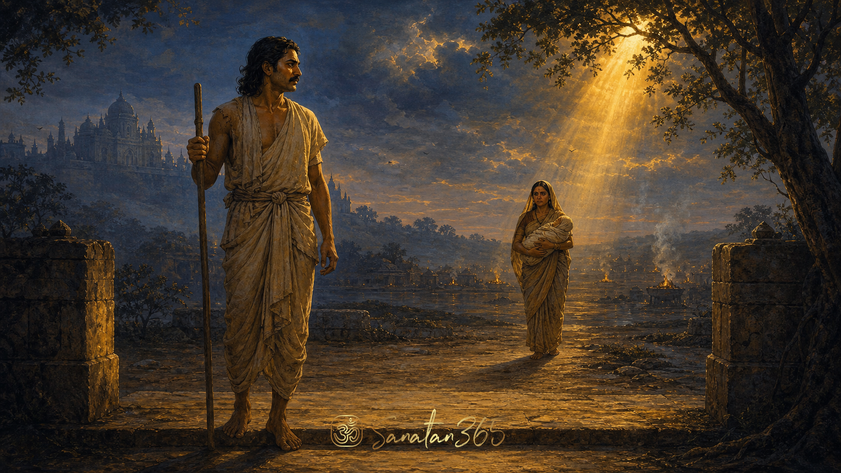 King Harishchandra standing with dignity at a cremation ground as truth and compassion are tested