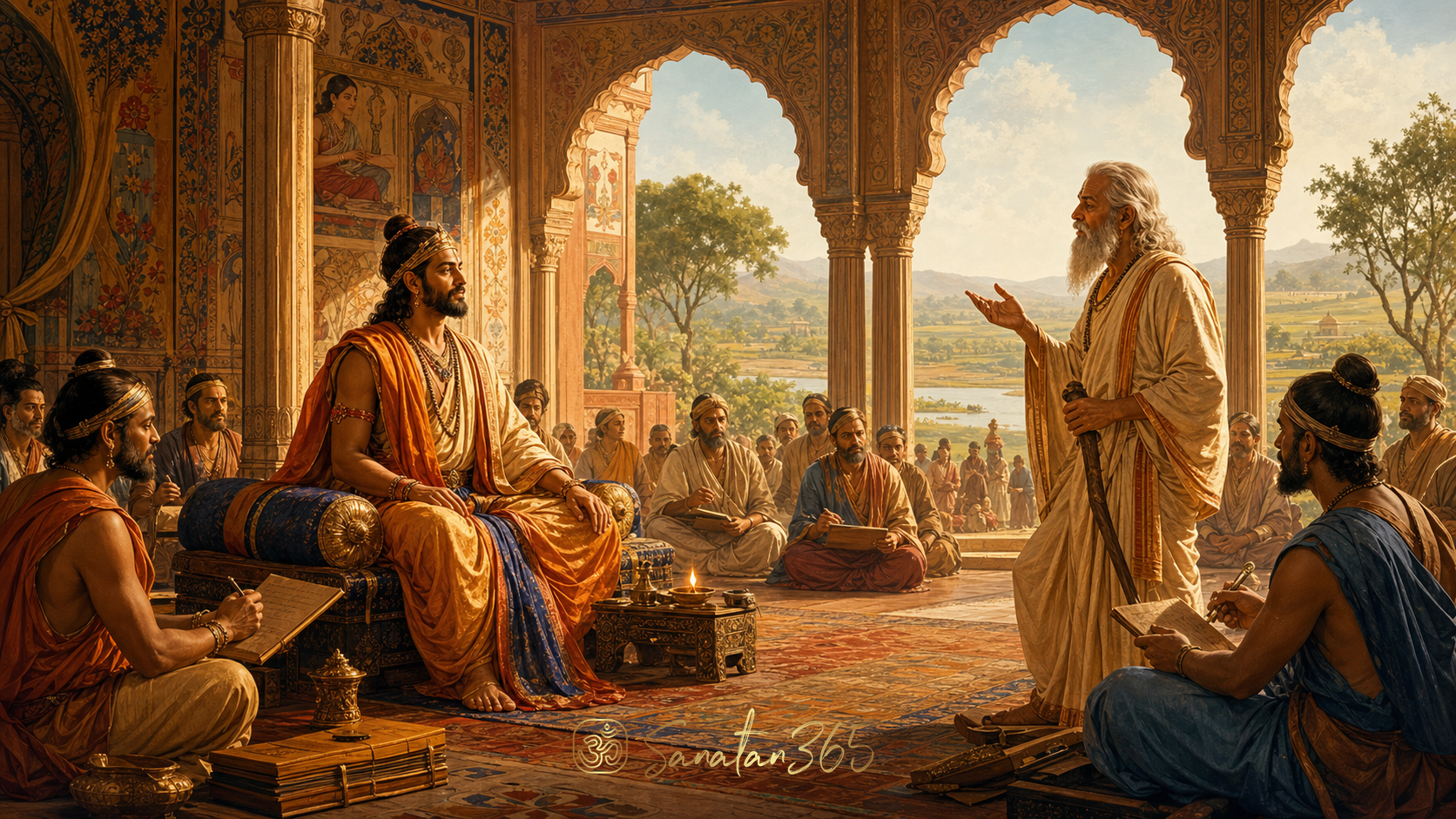 Painterly scene of King Janaka listening to sage Yajnavalkya in the royal court of Mithila