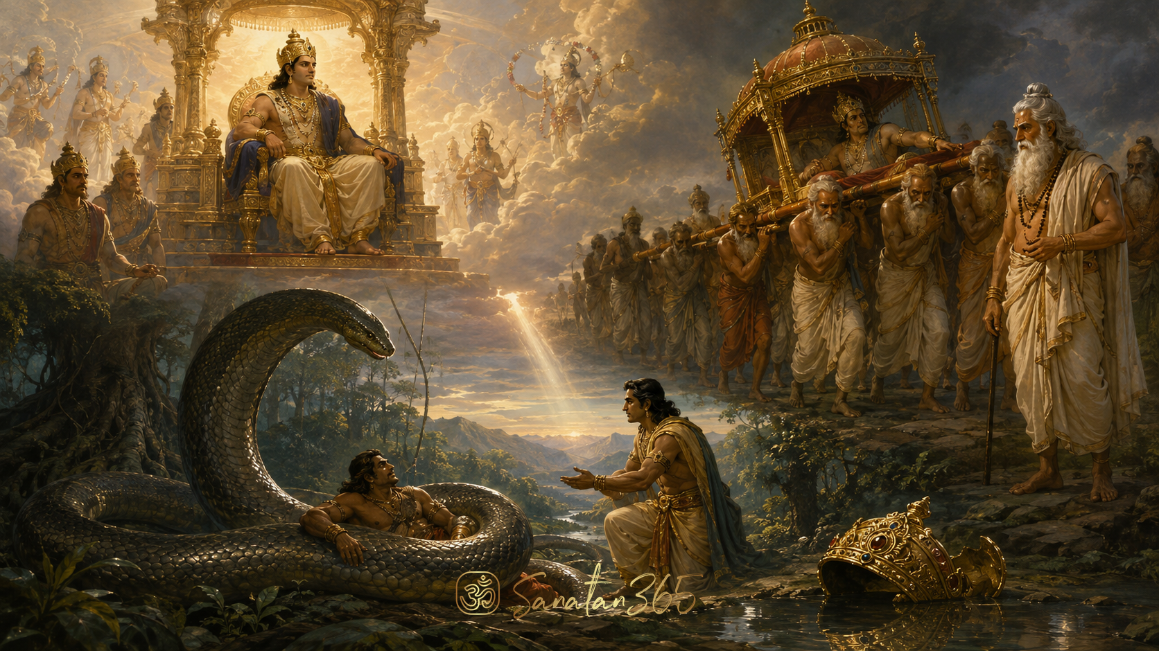 Painterly scene of King Nahusha’s celestial rise, fall before the sages, and later encounter with Yudhishthira as a serpent.