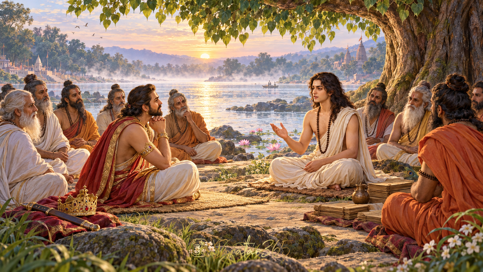King Parikshit listening to Sage Shukadeva beside the Ganga with assembled sages