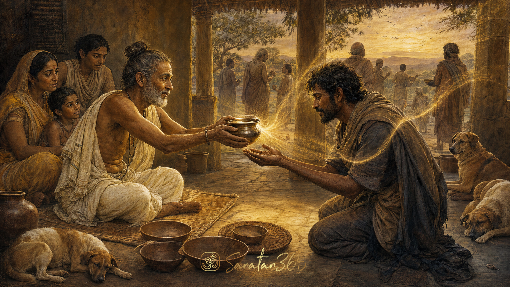 King Rantideva compassionately offering his last vessel of water to a thirsty guest