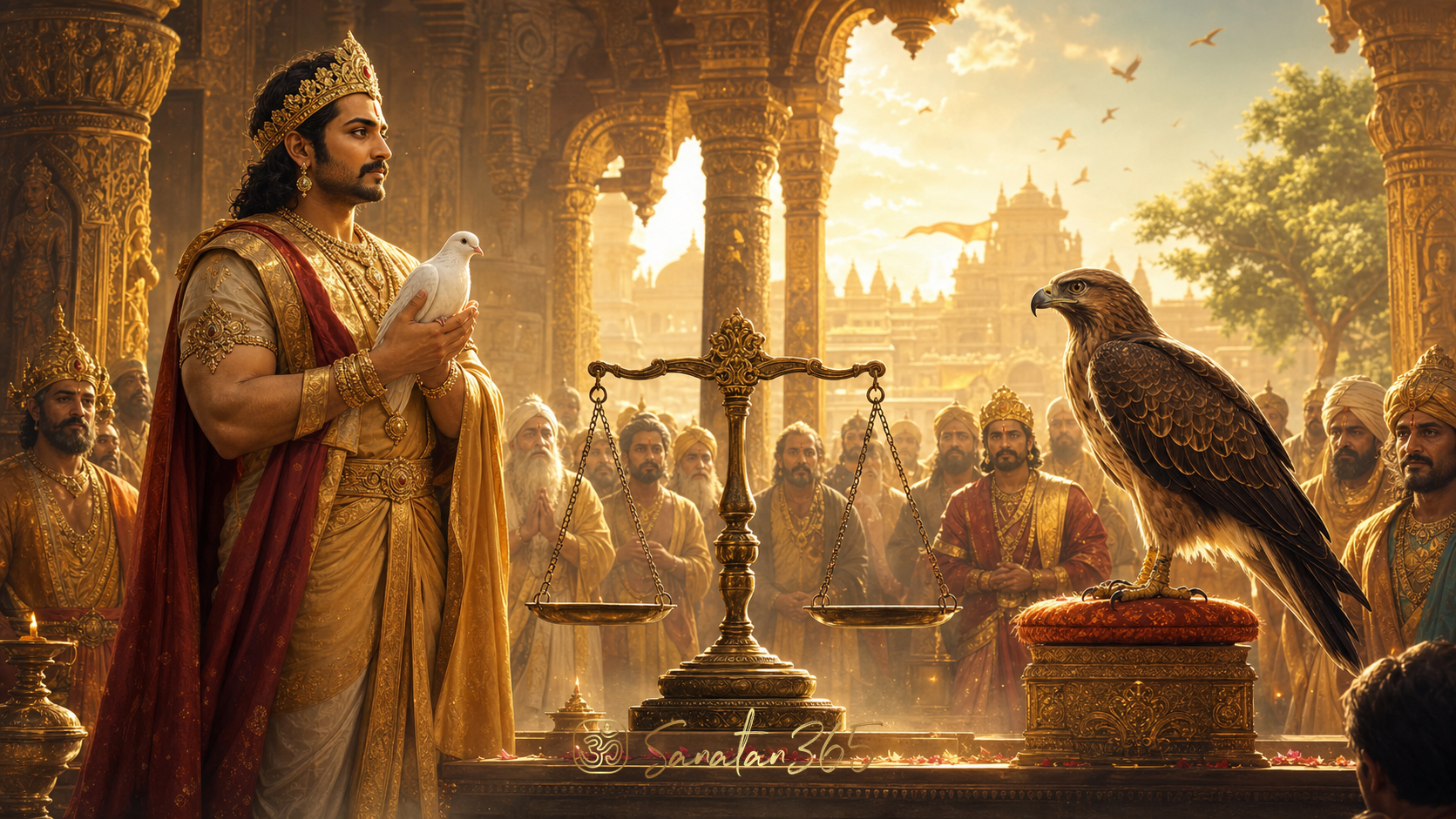 King Shibi shelters a dove while facing a hawk beside a balance scale in a sacred royal court