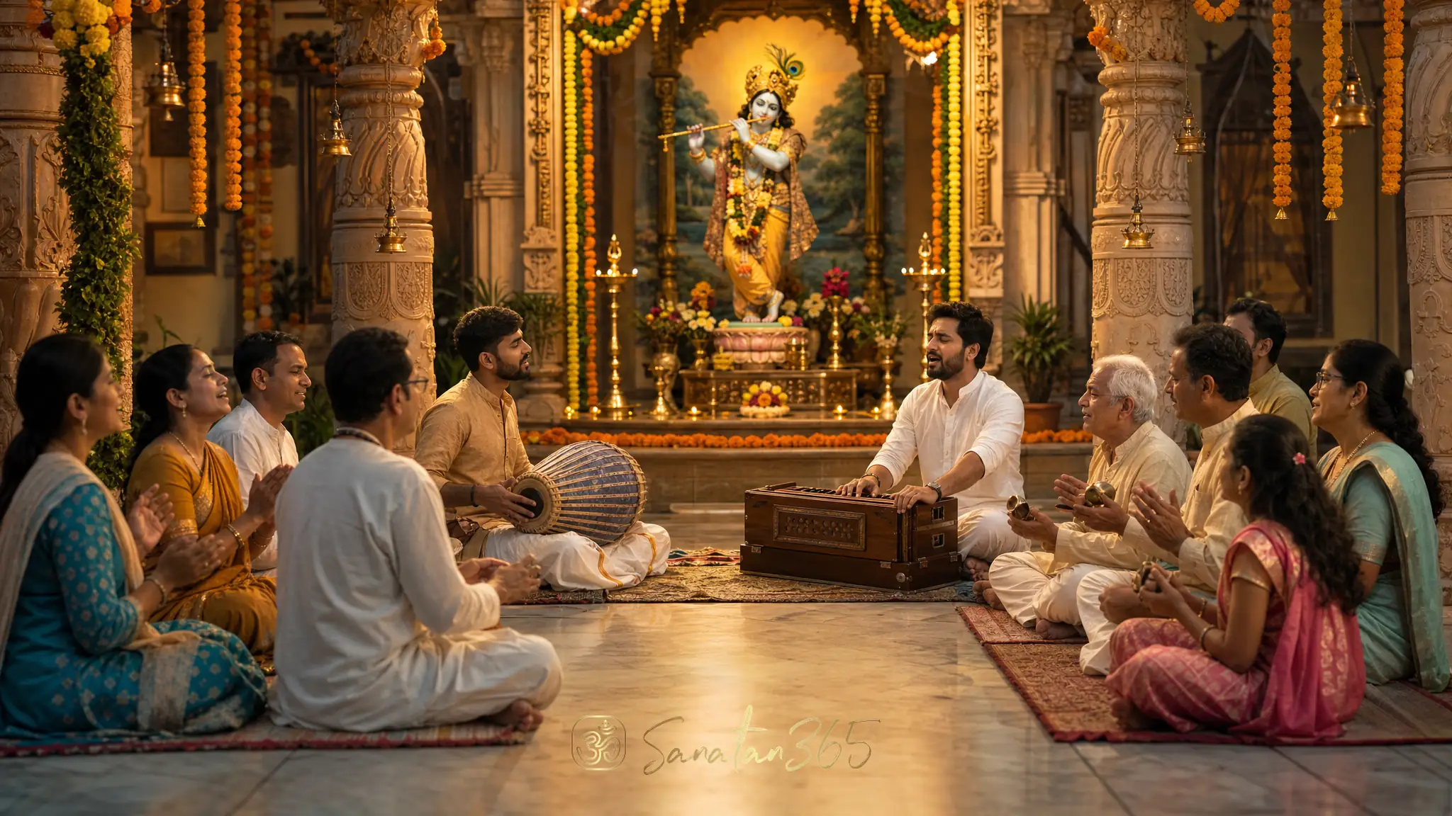 A Hindu kirtan gathering singing devotional names before a Lord Krishna murti in a warmly lit temple hall