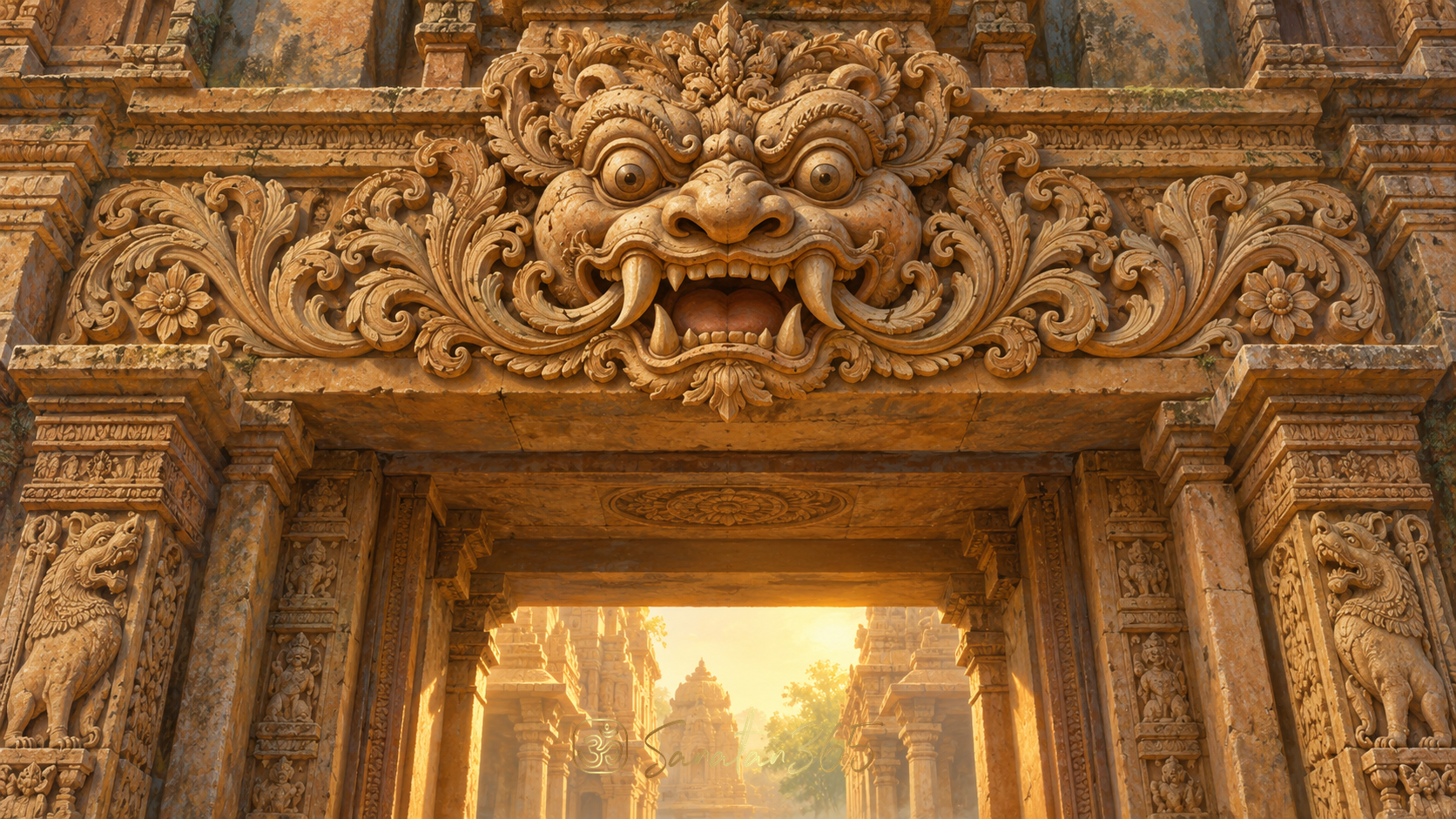 Painterly temple doorway crowned by a sculpted Kirtimukha face and flowing foliage, with warm light beyond the threshold