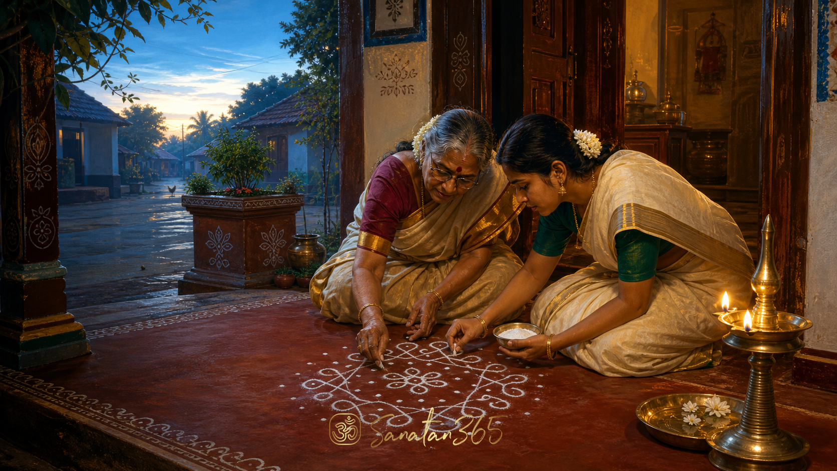 Two generations draw an intricate white pulli kolam at a Tamil home threshold before sunrise