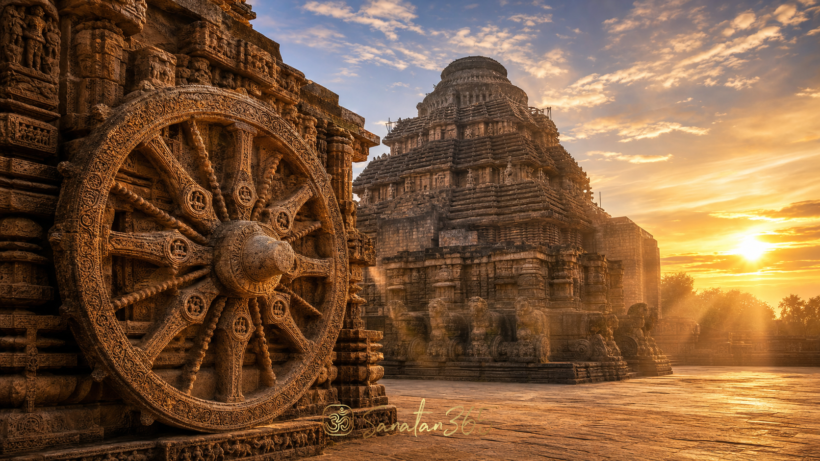 Carved stone wheel of Konark Sun Temple glowing in dawn light with the temple rising behind it