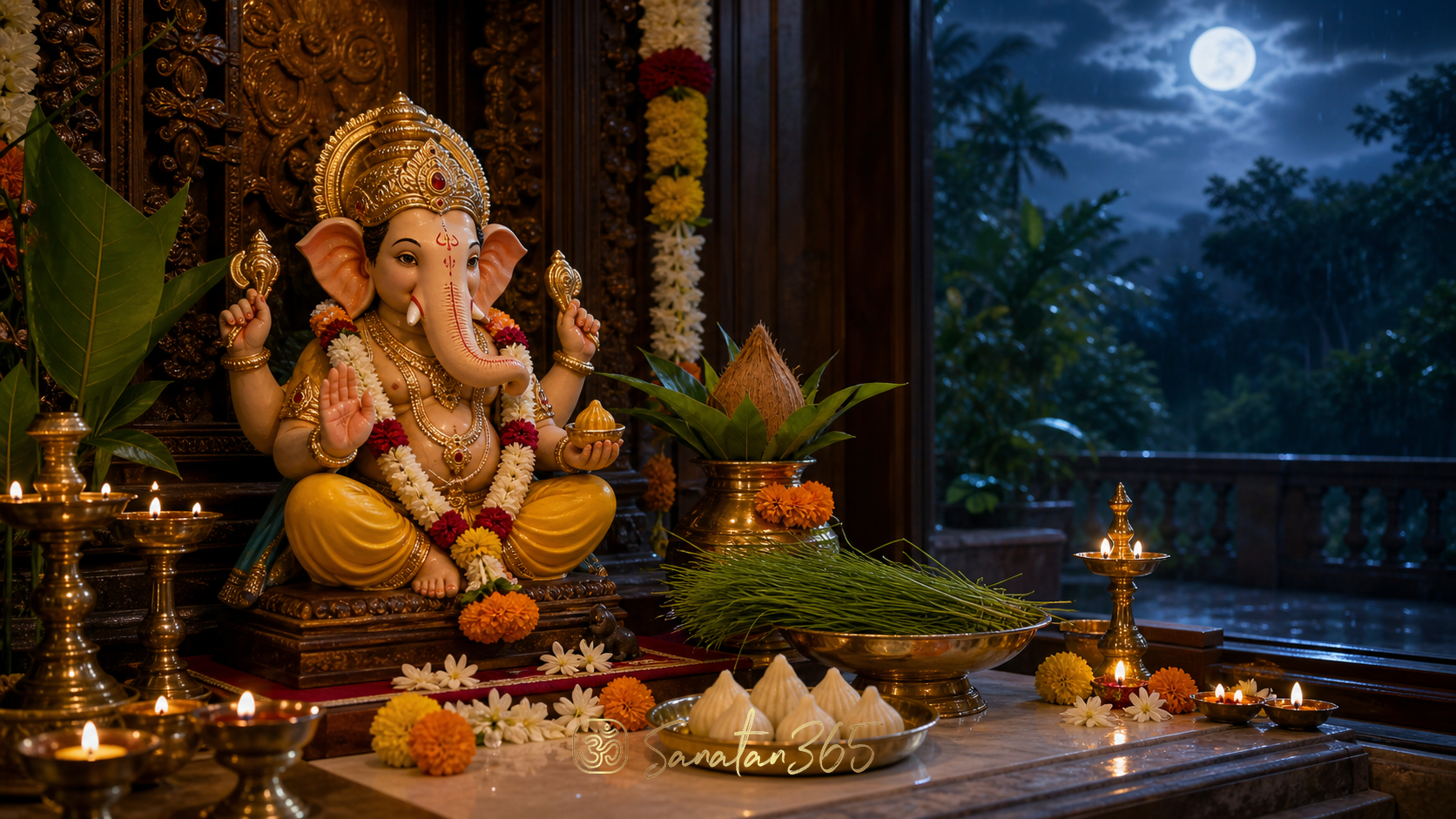 Lord Ganesha murti with diya, durva, modak, and moonlit evening atmosphere for Krishnapingala Sankashti Chaturthi