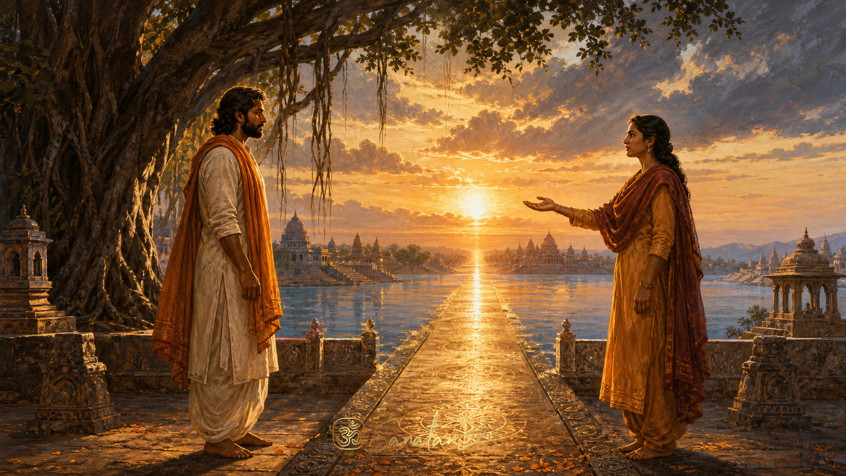 Painterly scene of two people choosing calm truth and forgiveness beside a sacred river at dawn