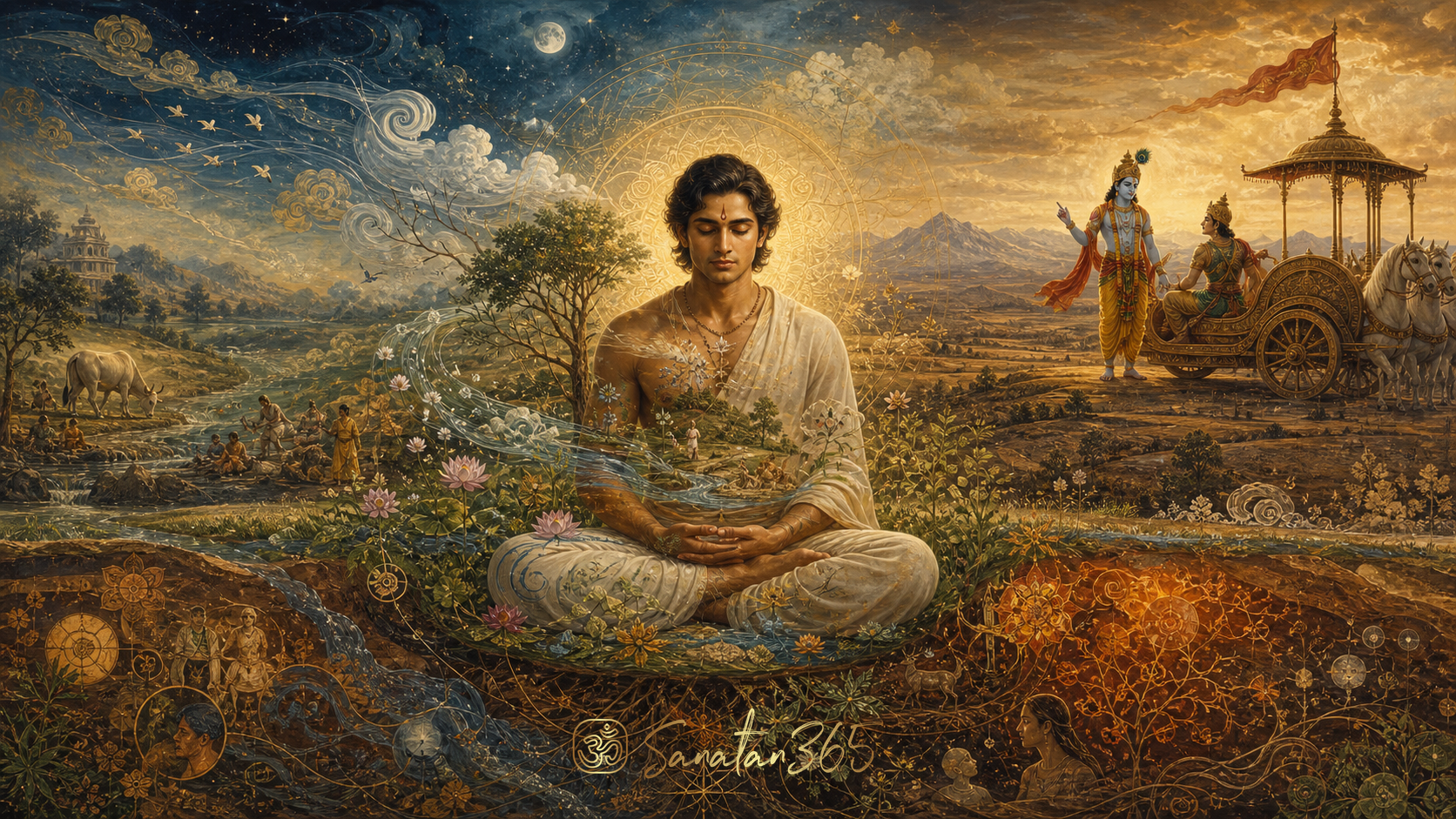 A seeker in still awareness within a changing symbolic field as Lord Krishna teaches Arjuna in the distance.