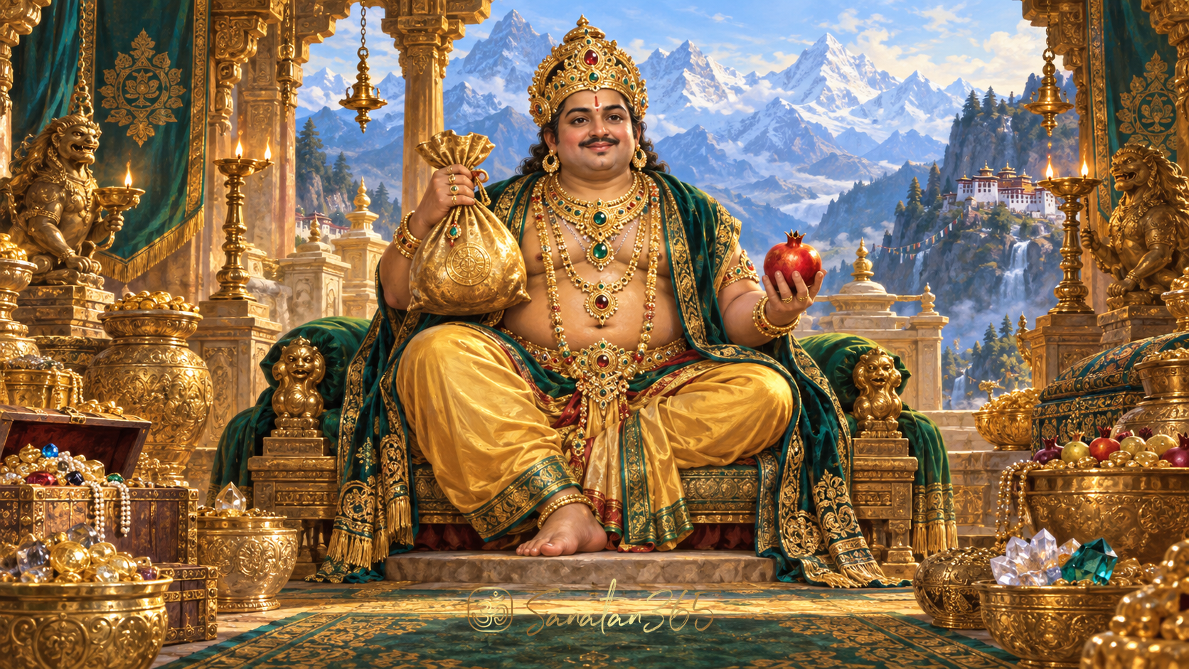 Painterly devotional illustration of Lord Kubera holding a treasure bag and pomegranate in a Himalayan pavilion.