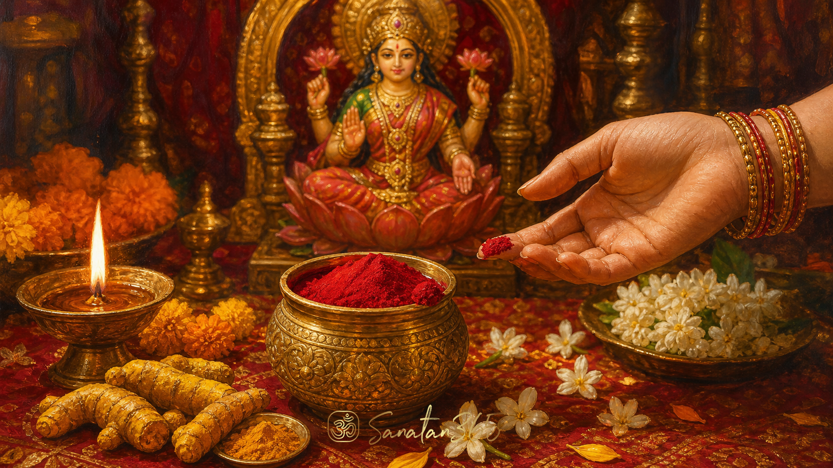 Brass kumkum container with red sacred powder, flowers, diya, and Lakshmi murti on a Hindu home altar