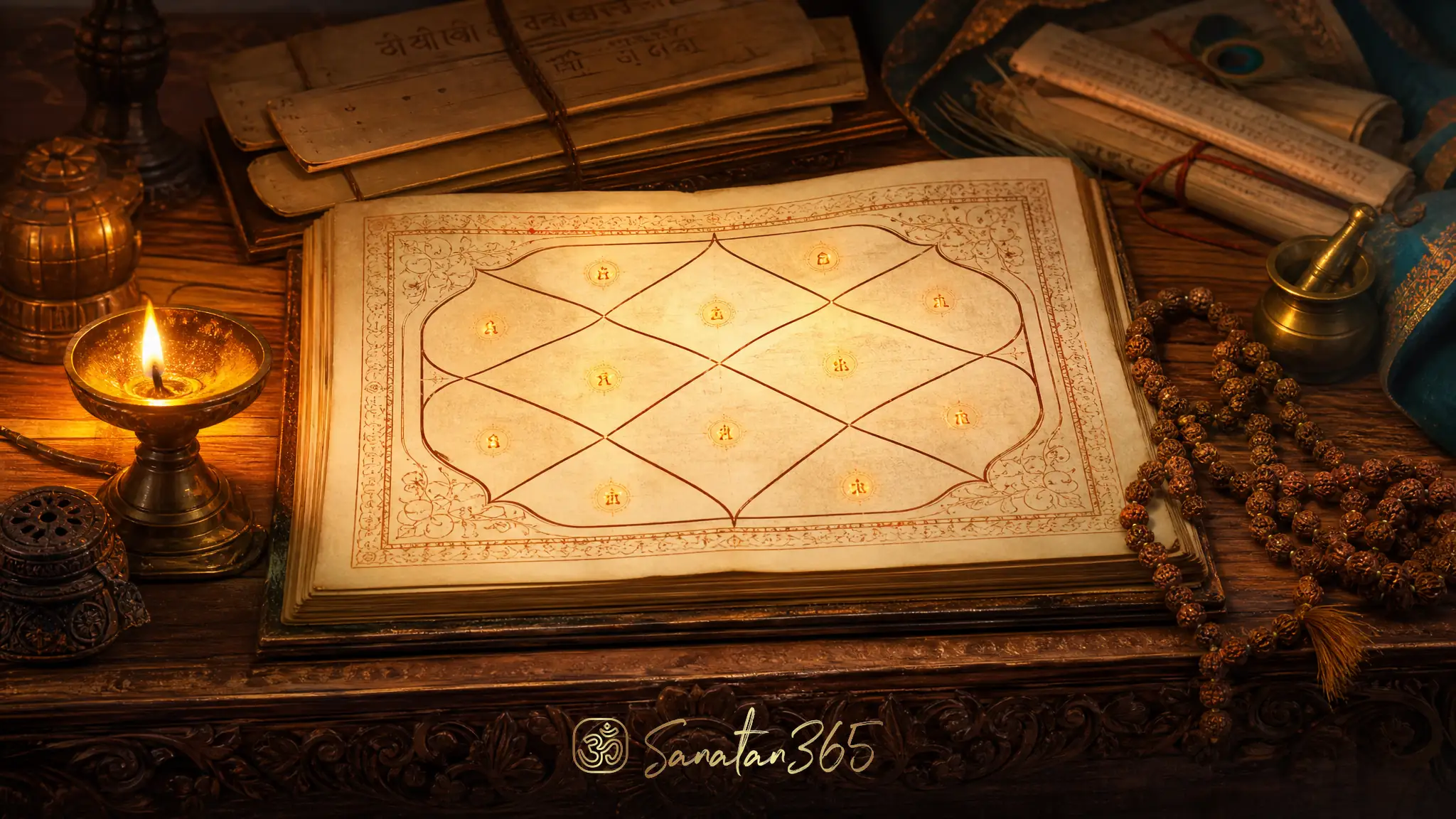 A traditional Vedic kundali chart with twelve bhava segments beside a diya and sacred study objects