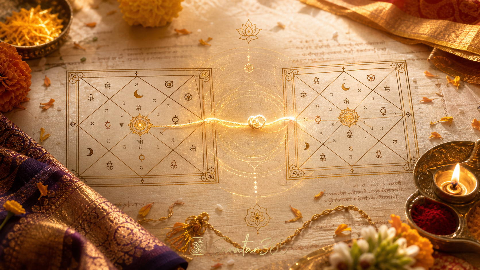 Two Vedic Kundali charts joined by golden sacred geometry with wedding flowers and diya light