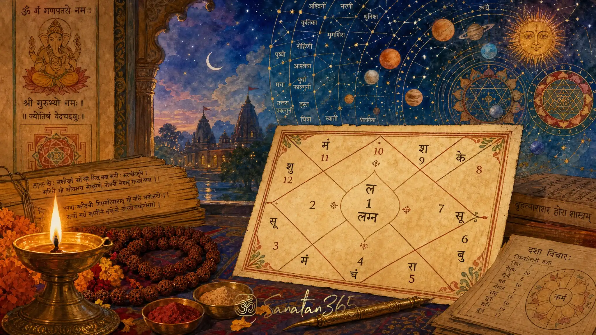 Painterly Vedic Kundali birth chart in a layered Jyotisha study scene with diya, manuscript, and celestial geometry