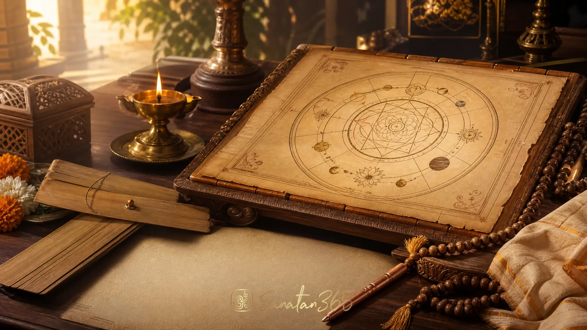 Vedic kundali chart manuscript with diya and sacred study objects for Kundali Reports by Jaimini Rishi