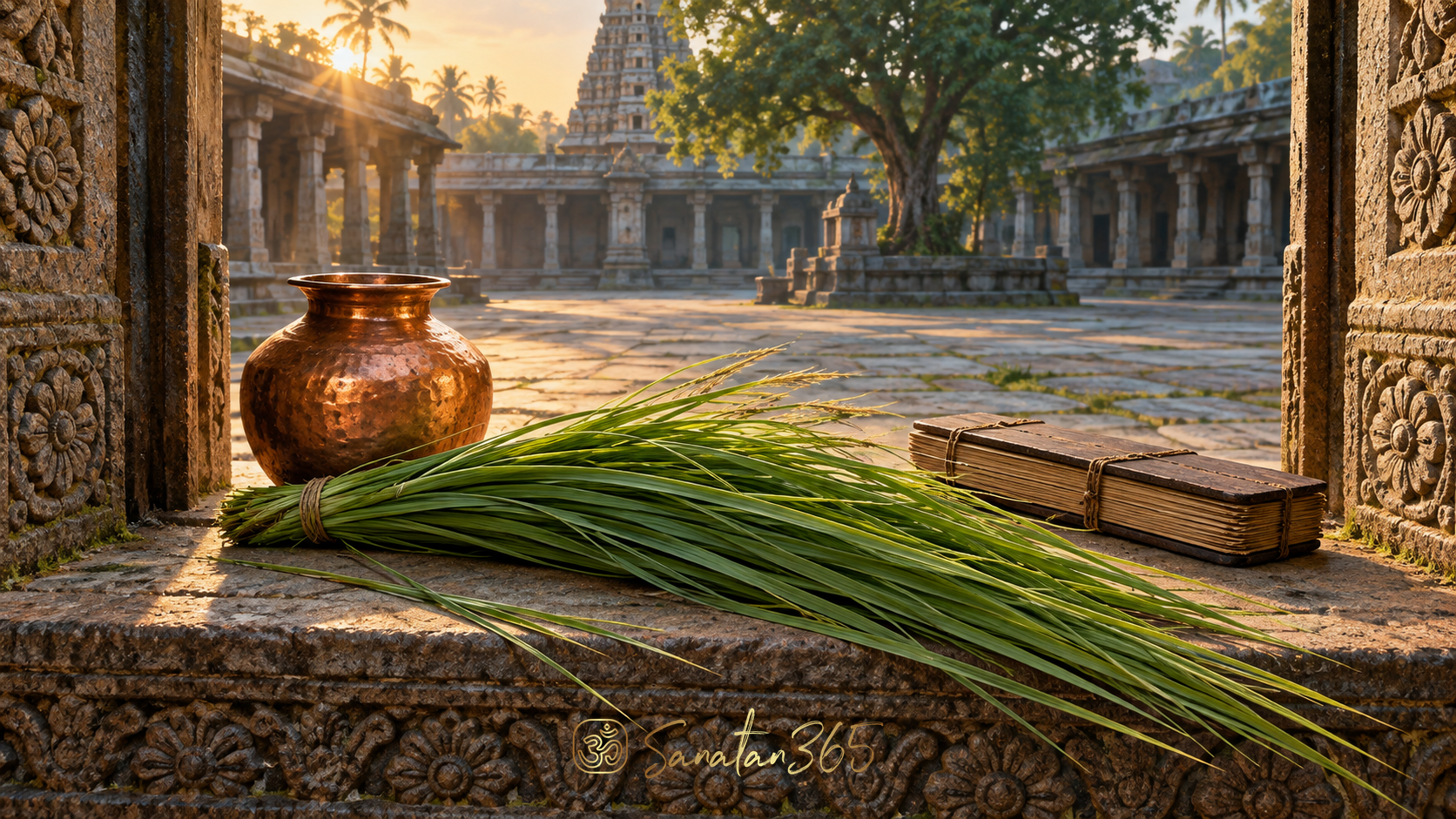 Fresh kusha grass beside a copper vessel in a sunlit Hindu ritual courtyard