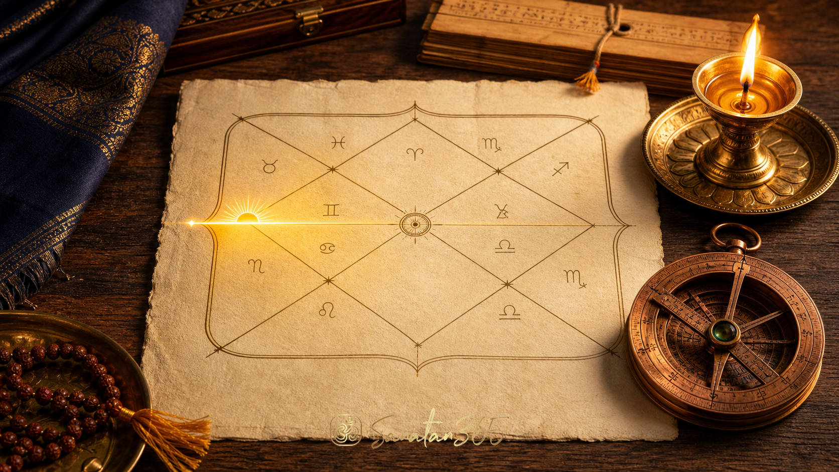 A Vedic Kundali chart on parchment with a glowing eastern horizon marker symbolizing Lagna