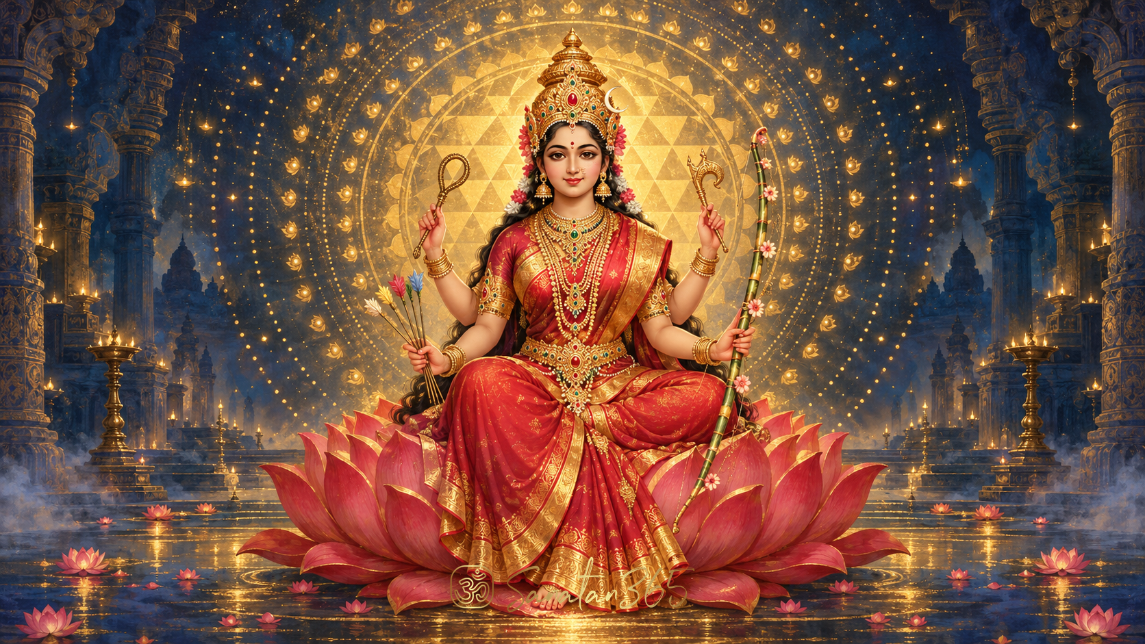 Painterly depiction of Goddess Lalita amid a luminous geometric aura and symbolic Sanskrit names