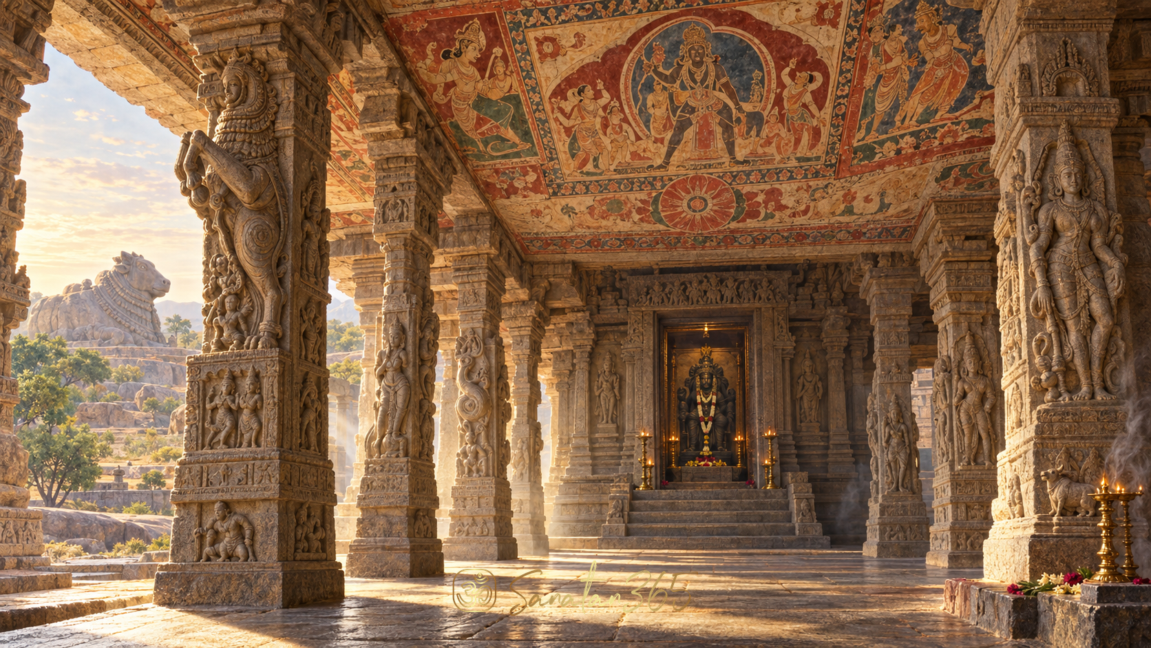 Painterly view of Lepakshi Veerabhadra Temple with Vijayanagara pillars, sacred murals, and warm devotional light