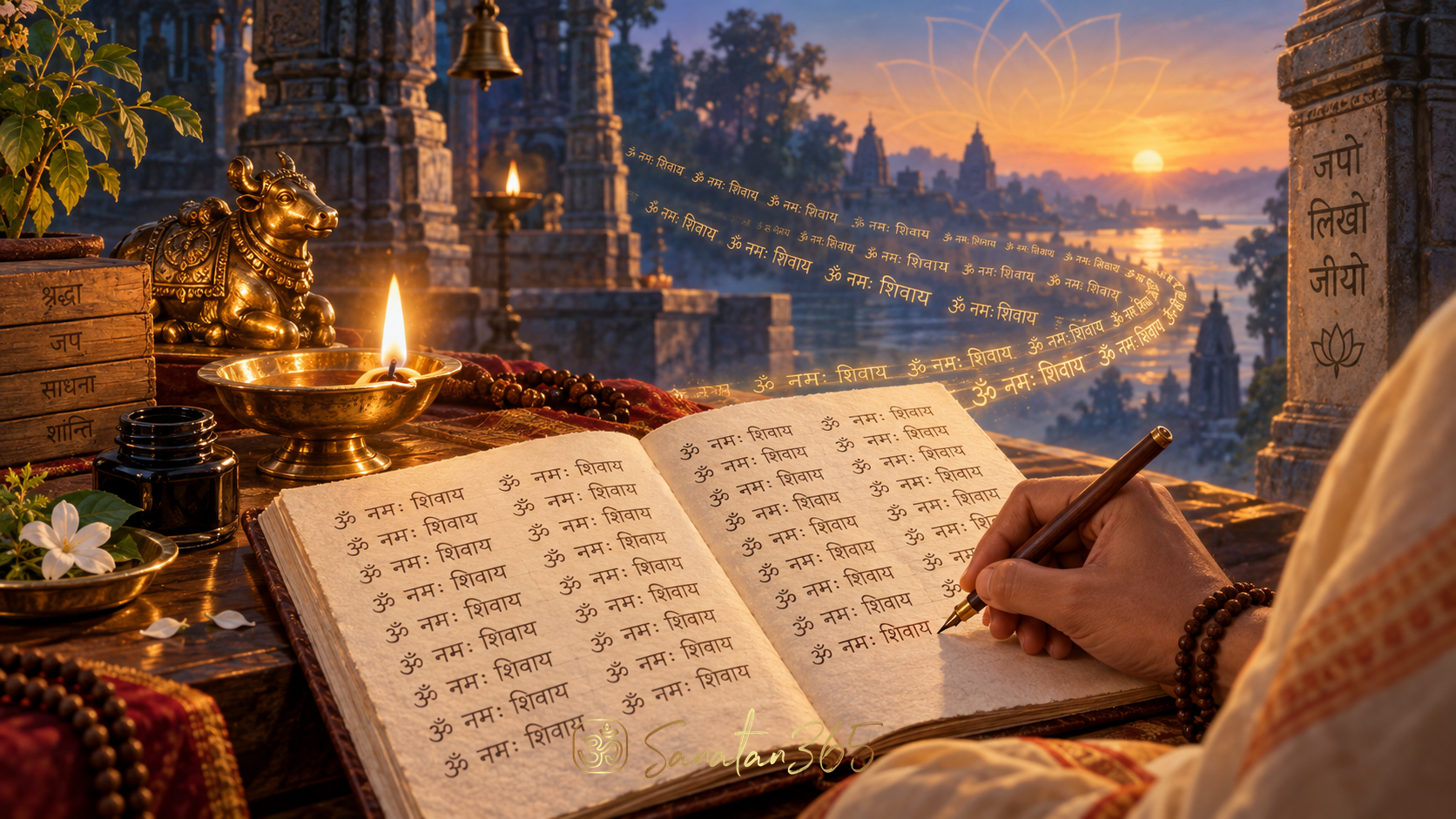 A devotee practising likhita japa by writing repeated mantra lines in a notebook beside a glowing diya