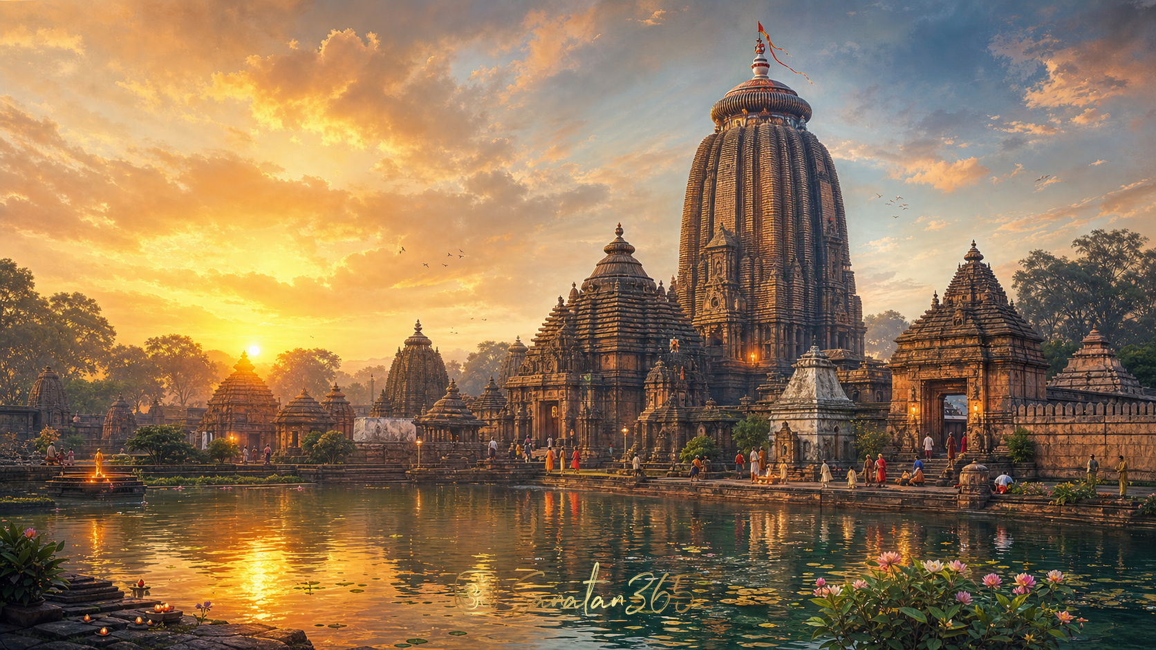 Painterly dawn panorama of Lingaraj Temple in Bhubaneswar with Kalinga towers, sacred water, lamps, and devotees