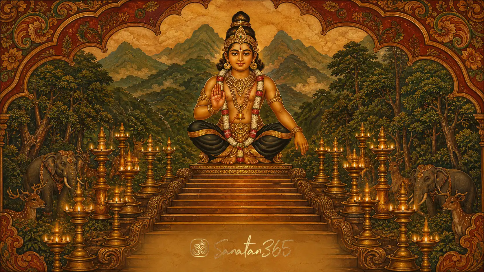 Lord Ayyappa seated in yogic stillness near Sabarimala temple lamps and forested hills